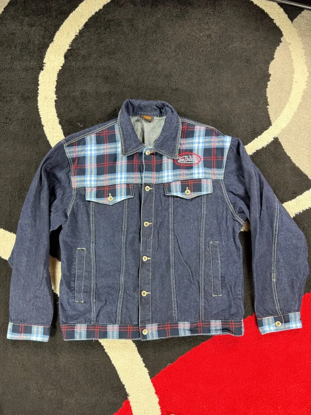 Von Dutch Jean Jacket Mens Extra Large Blue Plaid Denim Streetwear Embroidered